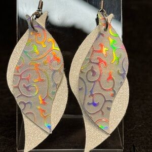 Chic Silver Holographic and White Faux Leather Earrings